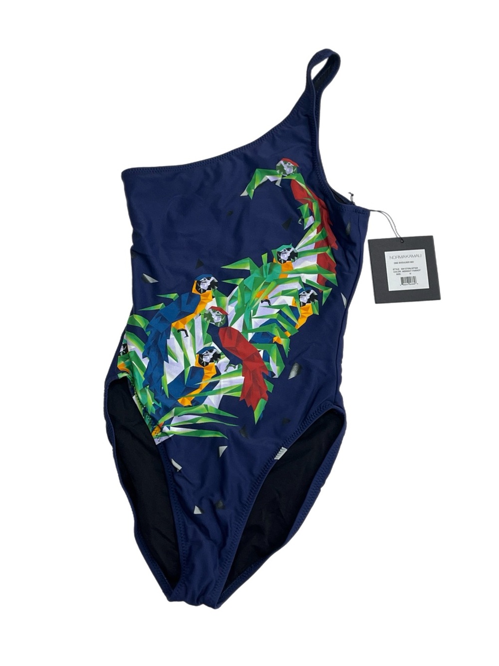 NWT One-Shoulder Navy Swimsuit with Colorful Parrot Print